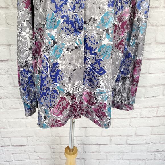 Vintage Blouse Polyester Gray Purple Floral Neck Tie Detail Fits a L/XL - Picture 5 of 12